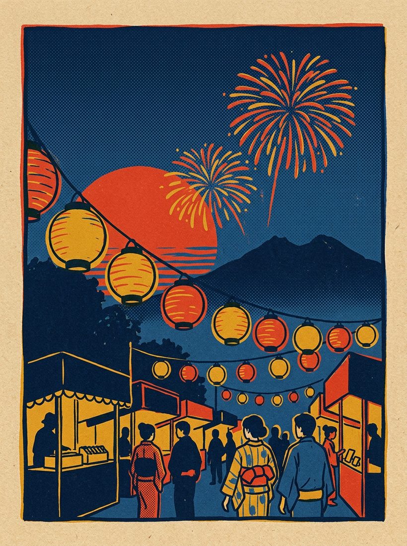 北関東の夏祭りの版画イラスト